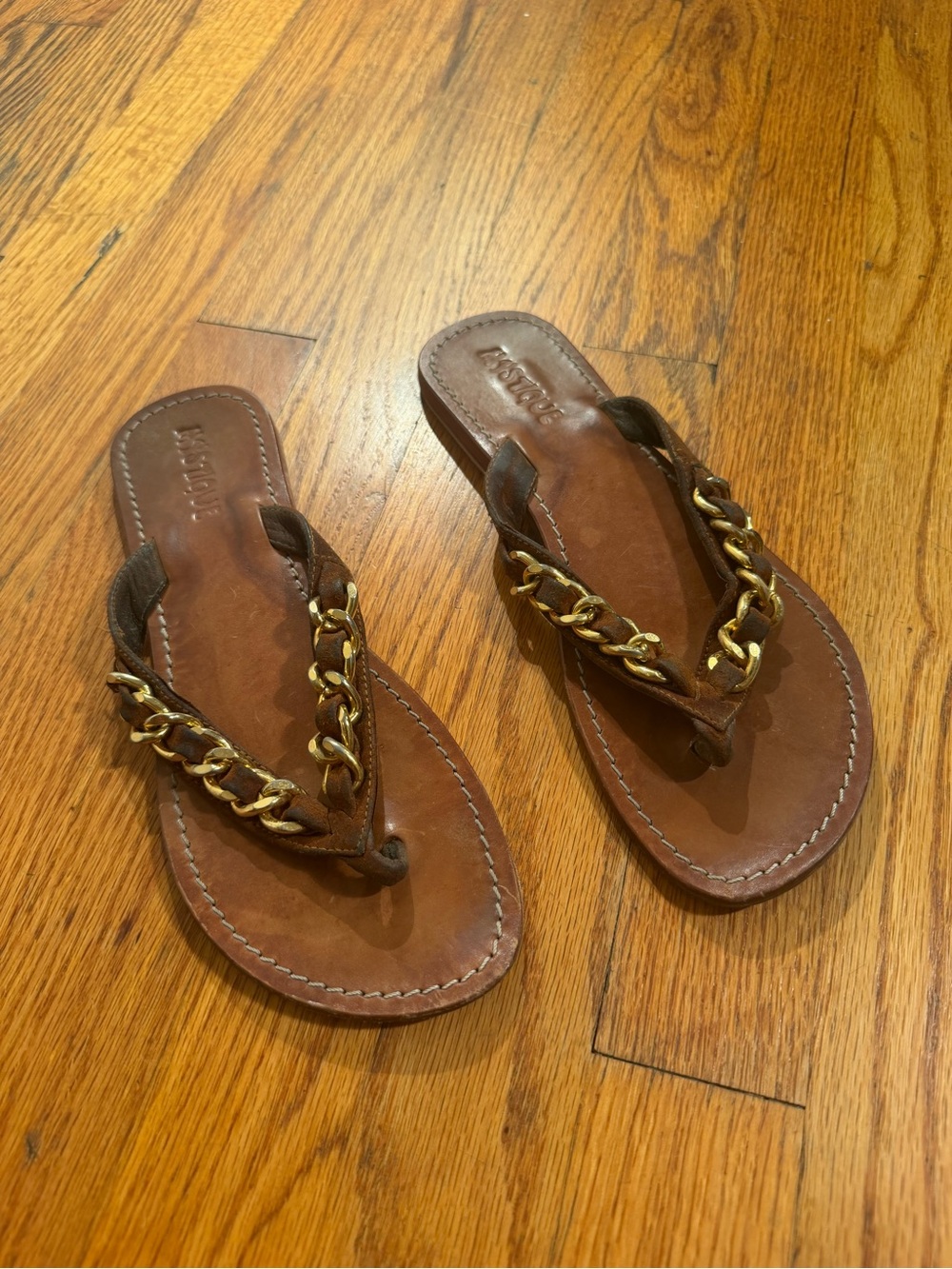 Mystique Brown Suede Leather Gold Chain-Trim Sandals